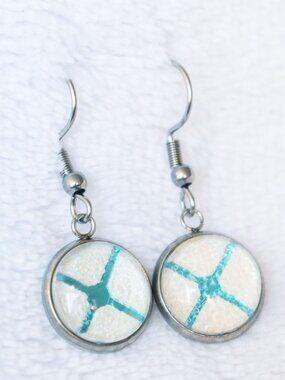 Silver Tone Cabochon Dangle Earrings Teal Cross Design Handmade Jewelry